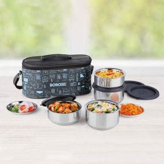 Carry Fresh SS Insulated Lunch Box Set Of 4 Borosil 