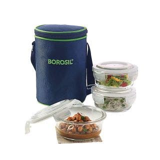 Microwavable Glass Lunch Box Round Set OF 3 Borosil 