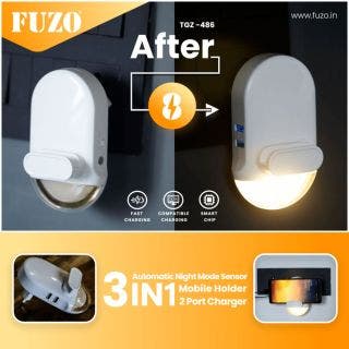 After 8 3 In 1 Mobile Holder With Nightlight, Multi Functional 2 Port Charger - Fuzo