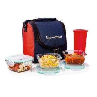 Signoraware Best High Borosilicate Bakeware Safe Glass Lunch Box Set with Bag, 4-Pieces, Transparent