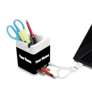 PowerGlow USB Hub With Tumbler And Text Highlight, 3 USB Ports With Mobile Stand