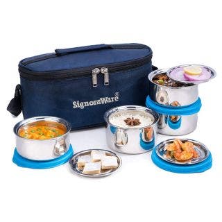 Signoraware Double Decker Double Wall/Twin Wall (with 0.5mm thickness) both Steel layers Steel Lunch Box, Set of 4, 350ml+350ml+260ml+260ml, 4 steel cover plates, Blue