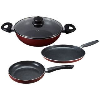 Prestige Omega Deluxe Induction Base Non-Stick Aluminium, Glass Kitchen Set, 3-Pieces, Red