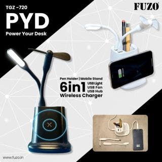 PYD - 6 In 1: Pen Holder, Wireless Charger, Mobile Stand, USB Light, USB Fan, Dual USB Hub Fuzo