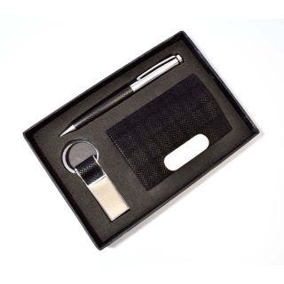 Set of 3 : Metal - PU Keychain With Soft Fabric Feel , Leatherette Card Holder With Soft Fabric Feel & Pen     