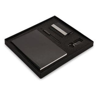 Set of 4: Double Side Visiting Card Holder With A5 Notebook, Double Side Metal Keychain And Metal Clip Pen In Gift Box